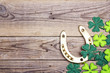 Golden horseshoe and clover leaves on old wooden boards. Space for text.