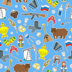 seamless pattern on the theme of travel in the country of russia, colored cartoon patch icons on blu