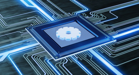Poster - CPU processor chip with a gear and network connection on a circuit board - 3d render