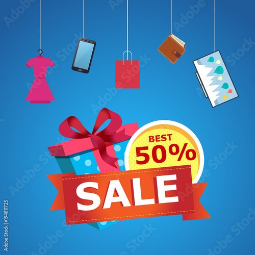 Discount Gift Sales Banner With Gift Box And Various Goods On Blue