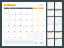 Calendar Planner Template For 2019 Year. Week Starts On Monday. Vector Illustration
