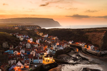 Beautiful Village Of Staithes, At Dusk, North Yorkshire, England.