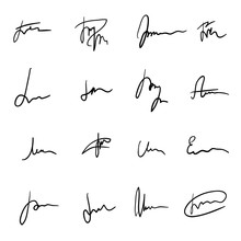 Set Of Unique Black Hand Drawn Sprawling Signatures. Authentic-looking Vector Handwritten Autographs Collection For Business Documentation Design