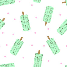 Seamless Pattern Mint Chocolate Chip Ice Cream Bar With Pink Dot, Vector Illustration On White Background