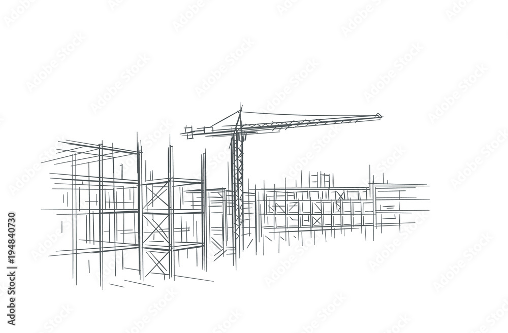 Construction site line sketch, hand drawn, vector. - obrazy, fototapety, plakaty 