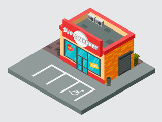 Wall Mural - Supermarket isometric vector building isolated shop mall city supermarket building design. Urban business construction design. Red kiosk with parking zone isolated