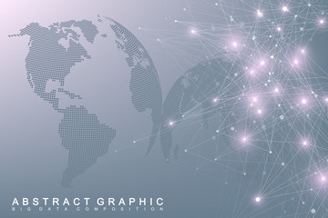 Fototapete - Geometric graphic background communication with World Map. Big data complex with compounds. Perspective backdrop. Minimal array. Digital data visualization. Scientific cybernetic vector illustration.