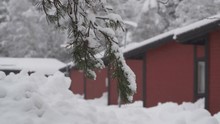 Winter Camp Atmosphere. Car And Wooden Houses,