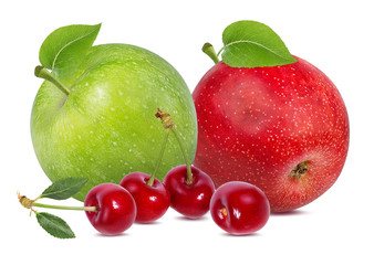 Cherry and apple with leaves isolated on white background.