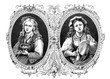 © acrogame - Happiness and affliction:  girl happy with nest, girl sad with broken tambourine, vintage engraving