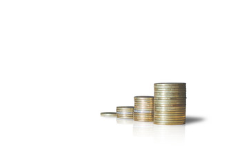 coins stack isolated on white background and reflection with clipping path. financial and saving concept.