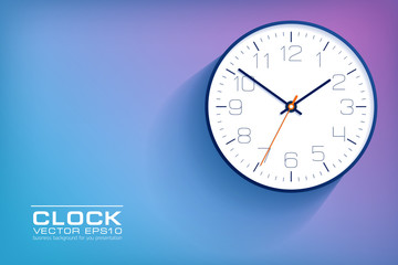 Poster - Realistic simple Clock in flat style with numbers, watch on purple and blue background. Business illustration for you presentation. Vector design object.