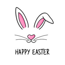 Cute Easter Bunny Vector Illustration, Hand Drawn Face Of Bunny. Greeting Card With Happy Easter Writing. Ears And Tiny Muzzle With Whiskers. Isolated On White Background.