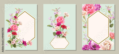 Set of vertical cards for Mother's Day with carnation, poppy, spring blossom:...