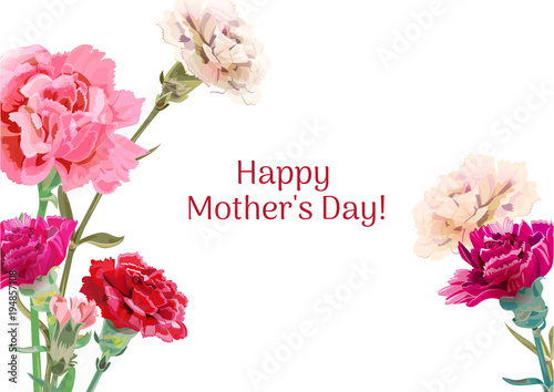 Horizontal template card for Mother's Day with carnation schabaud: red, pink,...