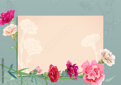 Horizontal template card for Mother's Day with carnation schabaud: red, pink,...