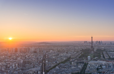 Top view of the Eiffel tower looking from Montparnasse tower with sunset