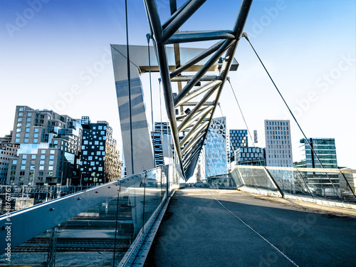 Beautiful different modern buildings, bridge from Oslo's Barcode district rises from the fjord like an urban and super trendy in Norway Canvas Print