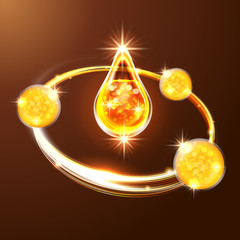 Poster - Premium collagen droplet. Golden essence oil or serum drop with luxury circular sparkling effect isolated on dark background. Skin care cosmetic concept. Design elements for packing or ads. Vector 3d.