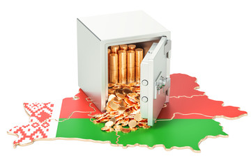 Safe box with golden coins on the map of Belarus, 3D rendering