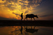 Silhouette sunset with lifestyle countryside,Silhouette Animal husbandry in countryside,Farmer with animal dark tone