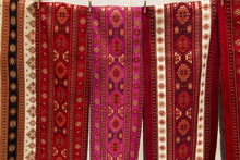 Colorful Fabrics And Other Folk Products At A Roadside Stall With Traditional Armenian Colors And Patterns