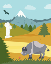 Natural Park Poster. Scene With Bison, Mountains