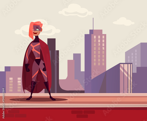 Super woman hero character standing on roof Tableau sur Toile