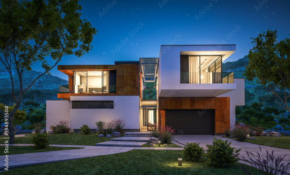 3d rendering of modern house by the river at night Stock Illustration ...