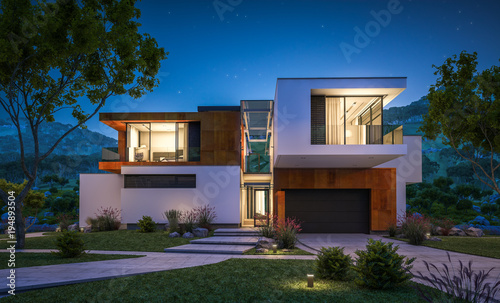 Cuadros en Lienzo 3d rendering of modern house by the river at night