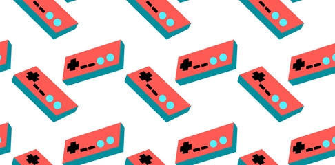 Poster - A pattern of red and blue old retro vintage hipster joysticks, manipulators, consoles from the 80's, 90's for a game console for video games on a white background. Vector seamless illustration