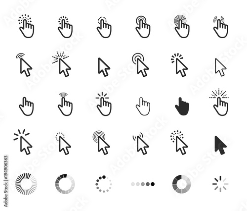 Fotografía Computer mouse click cursor gray arrow icons set and loading icon