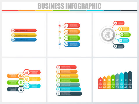 Abstract infographics number options template 3, 4, 5, 6, 7, 8. Vector illustration. Can be used for workflow layout, diagram, strategy business step options, banner and web design set.