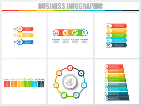 Abstract infographics number options template 3, 4, 5, 6, 7, 8. Vector illustration. Can be used for workflow layout, diagram, strategy business step options, banner and web design set.