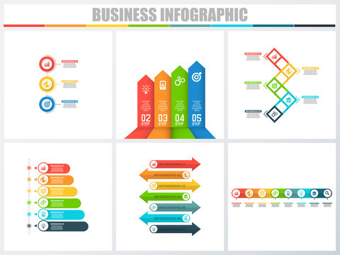 Abstract infographics number options template 3, 4, 5, 6, 7, 8. Vector illustration. Can be used for workflow layout, diagram, strategy business step options, banner and web design set.