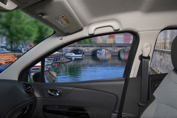 Wall Mural - Car window overlooking a cityscape of Copenhagen, Denmark