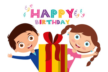 Poster - happy birthday card cute kids and close gift box vector illustration