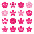 Sakura icons. Collection of 16 colored Ume Japanese cherry blossom symbols isolated on a white background. Vector illustration
