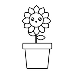 Sticker - flat line  uncolored kawaii flowerpot with sunflower plant   over white background  vector illustration