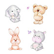 Set of animals: elephant, Teddy bear, bunny, hippopotamus