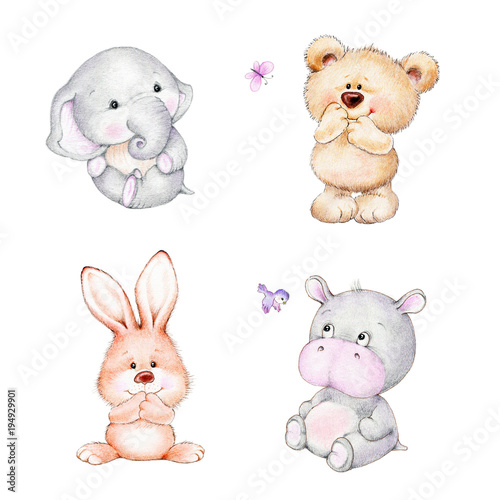 Fotografía Set of animals: elephant, Teddy bear, bunny, hippopotamus
