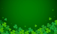 Shamrock Background Vector Illustration. St. Patrick's Day Wallpaper, Clover Leaves With Copy Space On Green Background. 