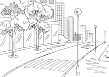 Street Road Graphic Black White City Landscape Sketch Illustration Vector