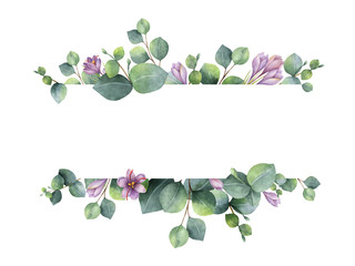 Watercolor banner with green eucalyptus leaves, purple flowers and branches.