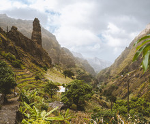 Picturesque Canyon Ribeira Da Torre Covered With Lush Vegetation. Cultivation On Steep Terraced Hills Banana Trees, Sugarcane And Coffee. Xo-Xo Valley Santo Antao Cape Verde Cabo Verde