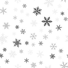 Black Snowflakes Seamless Pattern On White Christmas Background. Chaotic Scattered Black Snowflakes. Delightful Christmas Creative Pattern. Vector Illustration.