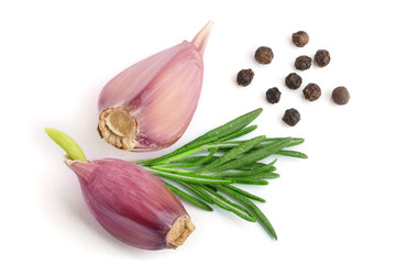 garlic with rosemary and peppercorn isolated on white background. Top view