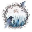 A foggy spruce forest with rising full moon inside of a wreath of bare branches with two black ravens. Watercolor illustration isolated on white.
