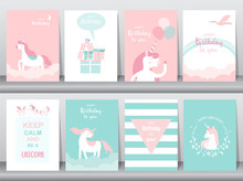 Set Of Birthday Cards,poster,invitations, Cards,template,greeting Cards,animals,unicorn,fantasy,magic,cloud,Vector Illustrations
