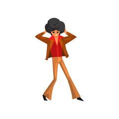 Sticker - Dancing man character, male moving body at music party, dancer in 1980s style clothes and afro hairstyle vector Illustration on a white background